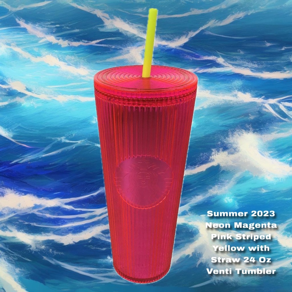 Starbucks Summer 2023 Neon Magenta Pink Striped Yellow Straw 24 Oz Venti Tumbler